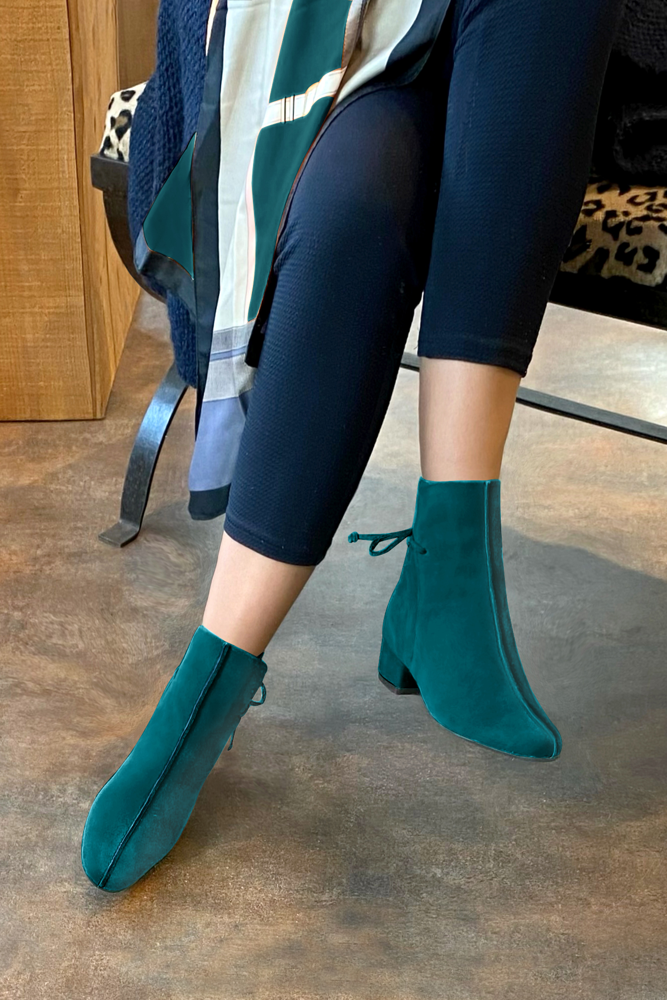 Peacock blue women's ankle boots with laces at the back. Round toe. Low block heels. Worn view - Florence KOOIJMAN
